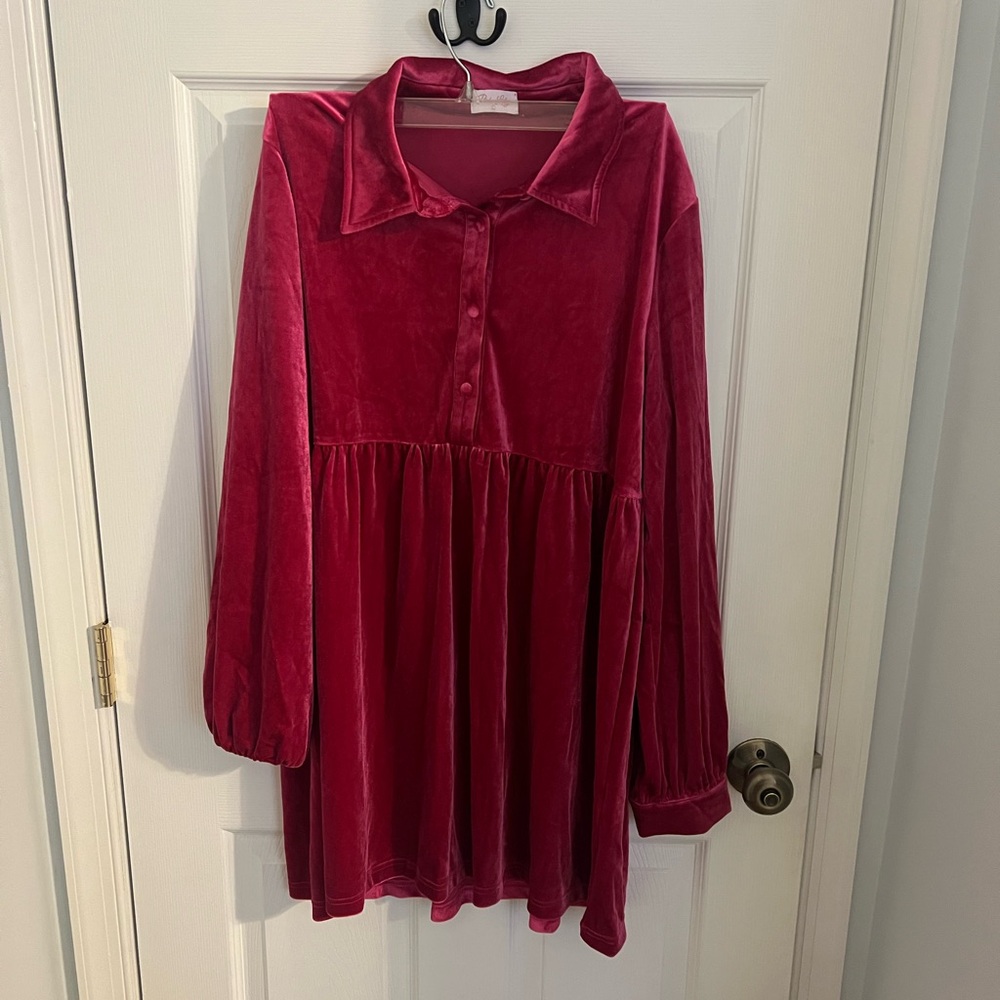 Pink Lily Velvet Button-Up Dress in Magenta